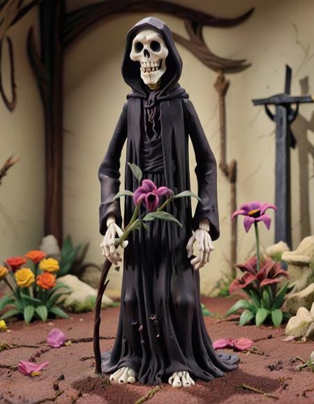 03375-3036275614-claymation, Death_ The Grim Reaper stands amidst withering flowers, signifying transformation, rebirth, and change. _lora_CLAYMA.png